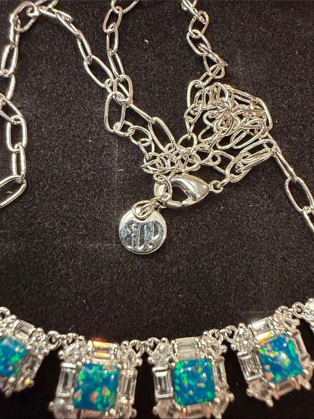 Bomb Party Sterling-Tone Blue Opal Square Necklace and Stud Earrings Set